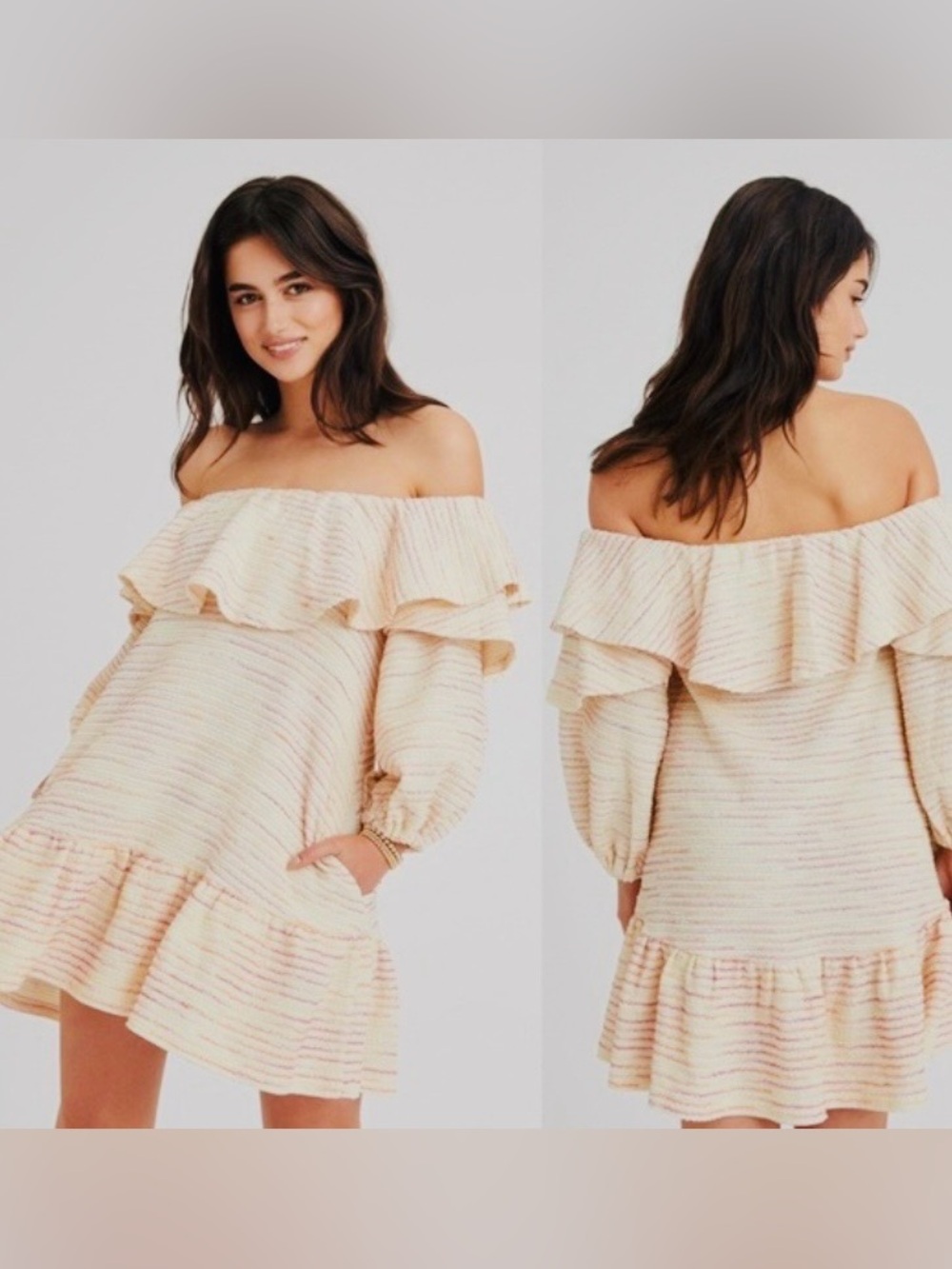 SOMETHING NAVY, Shoulder Ruffle Mini Dress in Soft Peach Stripe, Size Large